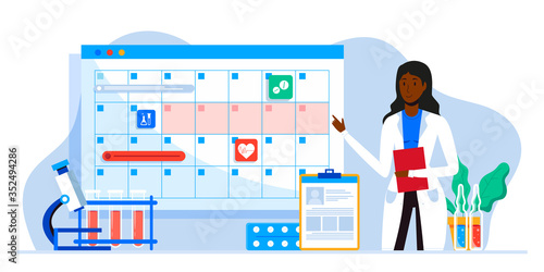 Make an appointment with an online doctor. On the calendar selects date. calendar. work schedule, make an appointment online. Vector illustration for banner, landing page, app. Tele medicine