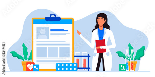 Healthcare insurance vector concept, doctor helps fill health form document. Human life insurance. protection of people from accidents. Healthcare services, Ask a doctor, tele medicine