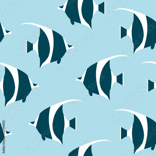 Abstract tropical fish seamless blue background, summer vector illustration