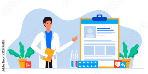 Healthcare insurance vector concept, doctor helps fill health form document. Human life insurance. protection of people from accidents. Healthcare services, Ask a doctor, tele medicine