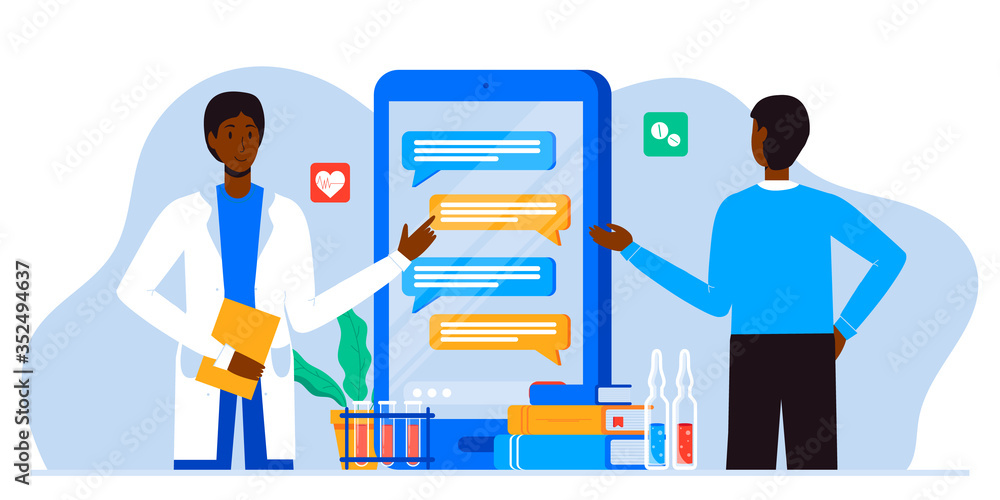 Online medical consultation and support. Healthcare services, Ask a doctor. Therapist in uniform, chatting online with patient via app messenger on mobile phone screen. Tele medicine banner Online medical consultation and support. Healthcare services, Ask a doctor. Therapist in uniform, chatting online with patient via app messenger on mobile phone screen. Tele medicine banner