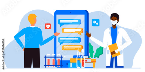 Online medical consultation and support. Healthcare services, Ask a doctor. Therapist in uniform, chatting online with patient via app messenger on mobile phone screen. Tele medicine banner