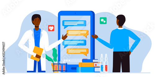 Online medical consultation and support. Healthcare services, Ask a doctor. Therapist in uniform, chatting online with patient via app messenger on mobile phone screen. Tele medicine banner