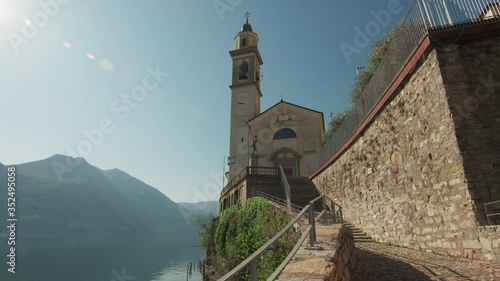 Small Rural Town and Church on a Lake in Italy