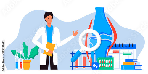 Doctors research human bones, joints. Joint knee part pain. Human anatomy healthcare medical concept. World arthritis day in October, Osteoporosis banner. Orthopedics doctor. For landing page, banner