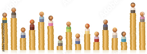 Income differentials of rich and poor people on low and high coin towers. Symbol for different earnings, inequality, diverse wealth, career, prosperity and business chances. Vector on white.

