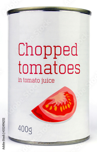 Chopped tomatoes in tomato juice in a white labelled unbranded tin can on an isolated white background