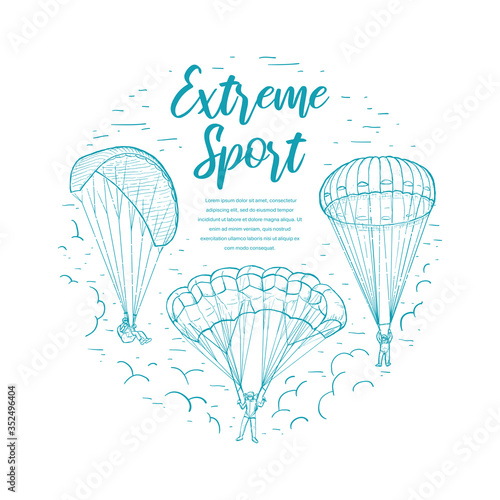 Extreme sports template. Doodle sketches vector circle frame with skydivers flying with a paraglider and parachute
