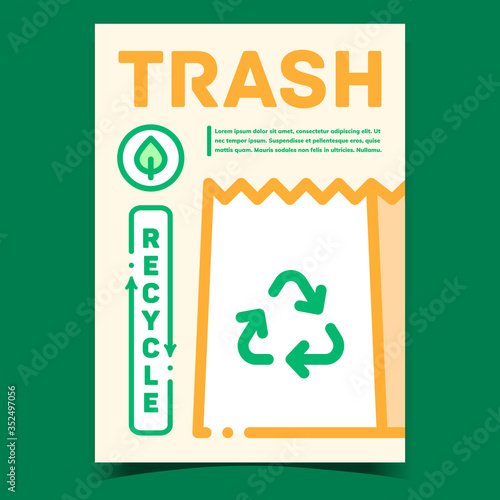 Trash Recycle Promotional Marketing Banner Vector. Recycle Supermarket Or Shop Paper Bag Packaging And Tree Leaf On Creative Advertising Poster. Concept Template Stylish Colored Illustration