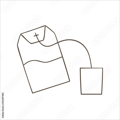 Teabag line icon. Black and white tea bag vector illustration. Linear art brewery isolated on white background. Doodle style kitchen equipment