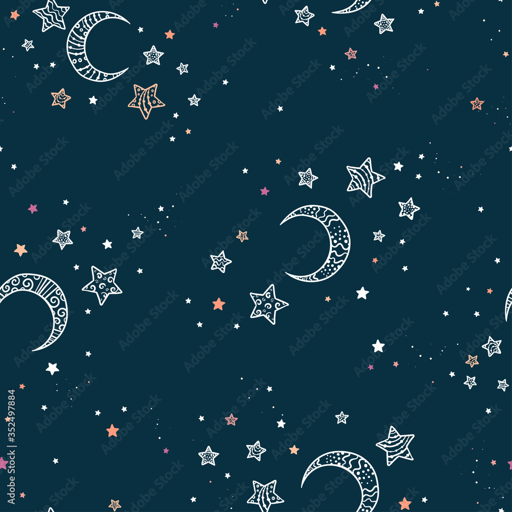 Naklejka premium Cute hand drawn night sky seamless pattern with ornate stars and moons, comic background, great for textiles, banners, wallpapers, wrapping - vector design