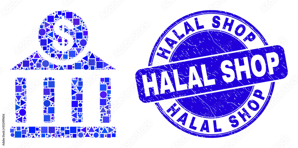 Obraz premium Geometric dollar bank office mosaic icon and Halal Shop seal. Blue vector round grunge seal stamp with Halal Shop title. Abstract mosaic of dollar bank office organized of round, triangles,