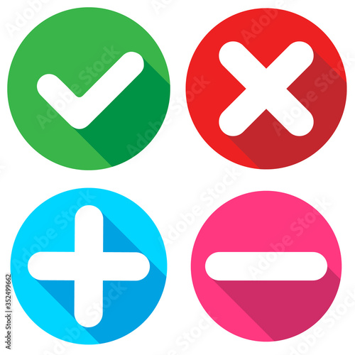 Set of flat square check mark, X mark, plus sign and minus sign icons, buttons isolated on a white background. EPS10 vector file