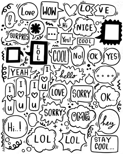 0082 hand drawn background Set of cute speech bubble eith text in doodle style