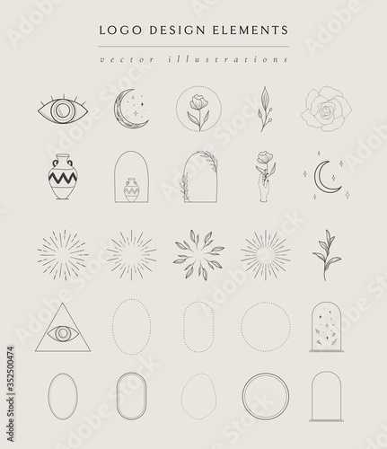 Collection of vector hand drawn logo design elements, geometric frames, borde...