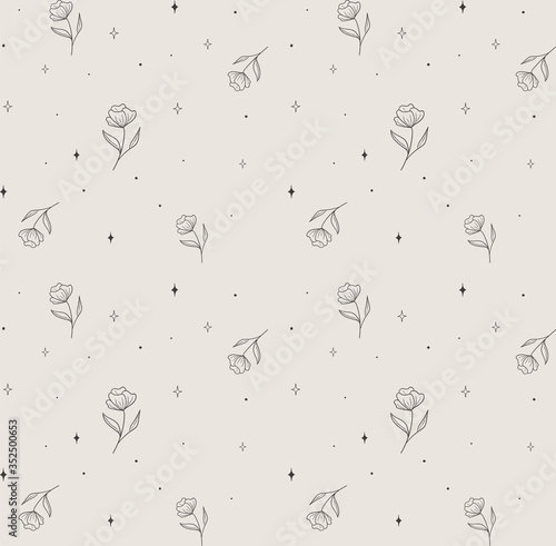 Vector Hand Drawn Line Drawing Doodle Floral Seamless Pattern with Wildflowers, Flowers, Plants, Leaves and Stars. Design Elements Illustration. Branding. Swatch