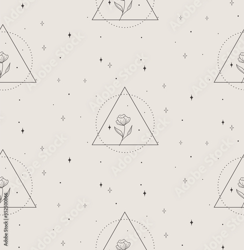 Vector Hand Drawn Line Drawing Doodle Floral Seamless Pattern with Flowers in...