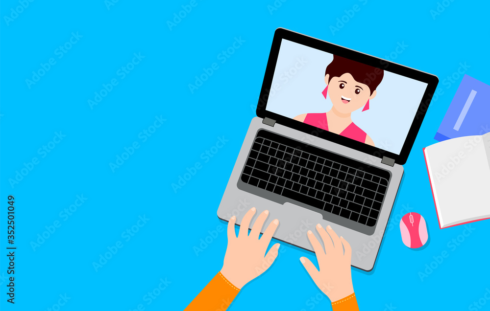E-learning, online lesson at home, social distance during quarantine, self-isolation, online education concept. student's desktop with computer. Vector illustration isolated on blue background. E-learning, online lesson at home, social distance during quarantine, self-isolation, online education concept. student's desktop with computer. Vector illustration isolated on blue background.