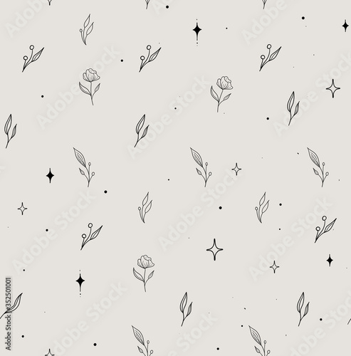 Vector Hand Drawn Line Drawing Doodle Floral Seamless Pattern with Wildflowers, Flowers, Plants, Branches, Leaves, Stars. Design Elements Illustration. Branding. Swatch