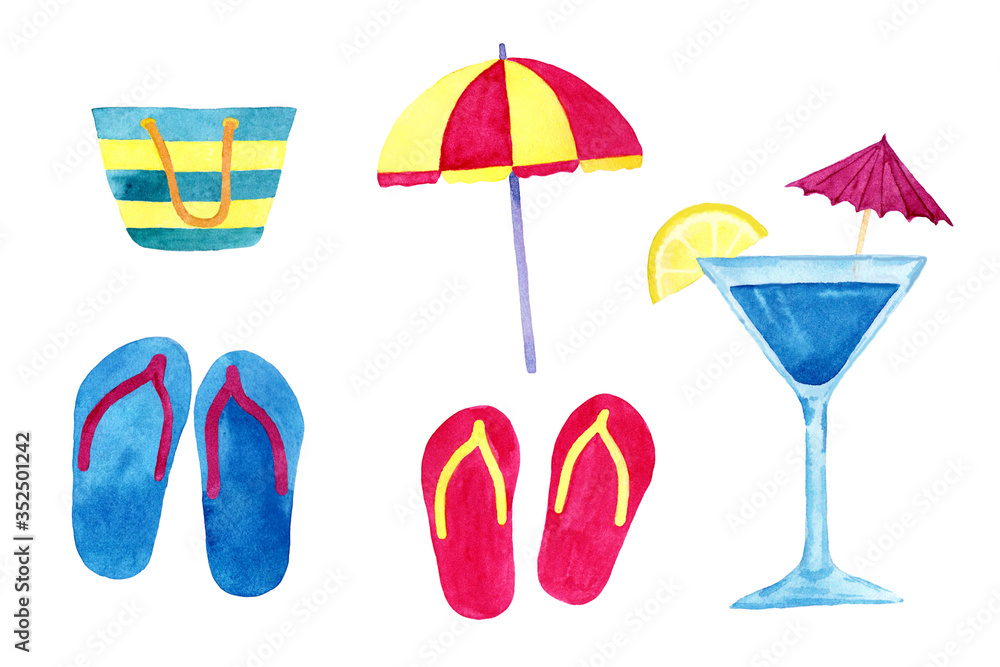 Summer icons set, beach electronic, watercolor  on white background 