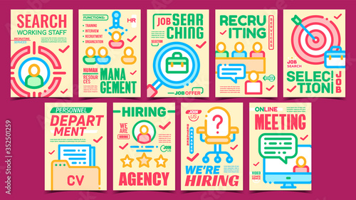 Job Hunting Creative Promo Posters Set Vector. Recruiting Service And Hiring Agency, Job Selection And Search Staff, Collection Of Advertising Banners. Concept Template Stylish Color Illustrations
