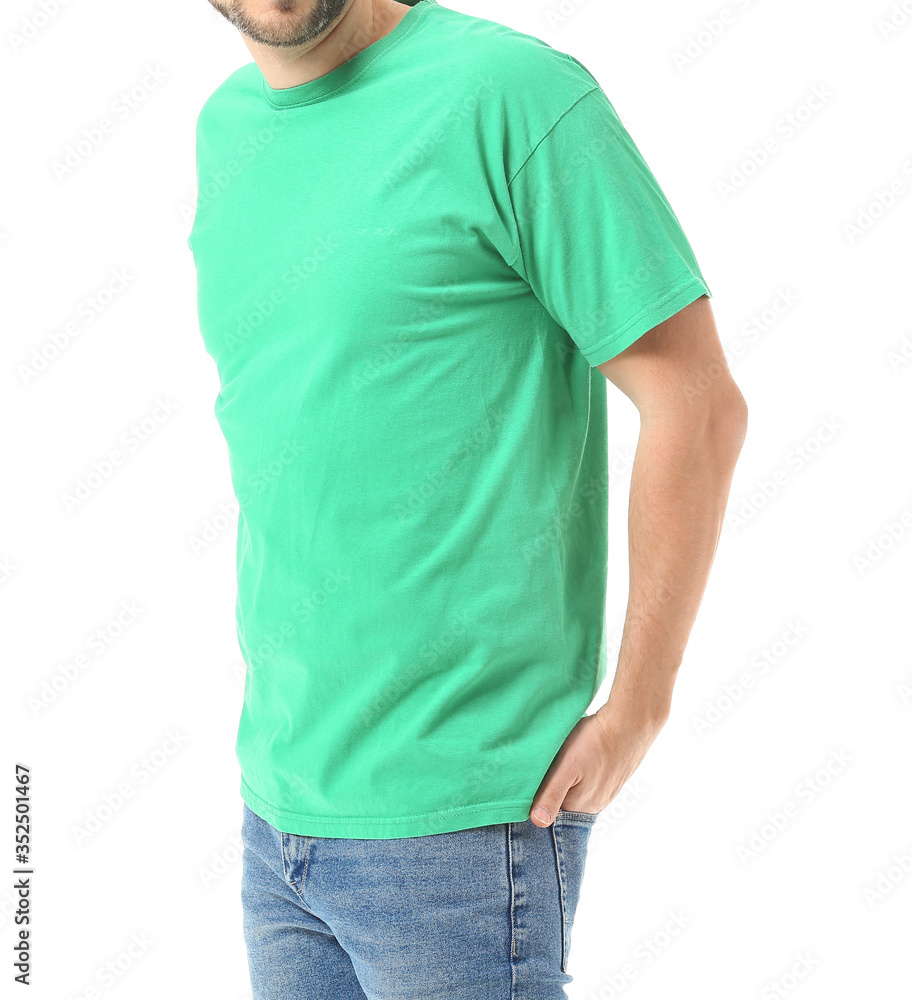 Obraz premium Man in stylish t-shirt on white background