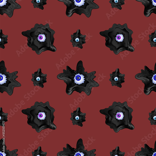 Seamless pattern with clipping mask. Black liquid stains with colored eyes EPS10