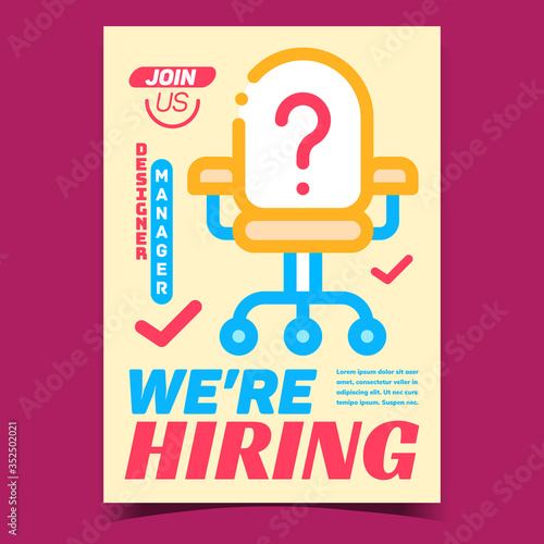 Hiring Business Creative Advertising Banner Vector. Hiring Manager Designer, Office Chair With Question Mark On Promo Poster. Human Resource Concept Template Stylish Color Illustration