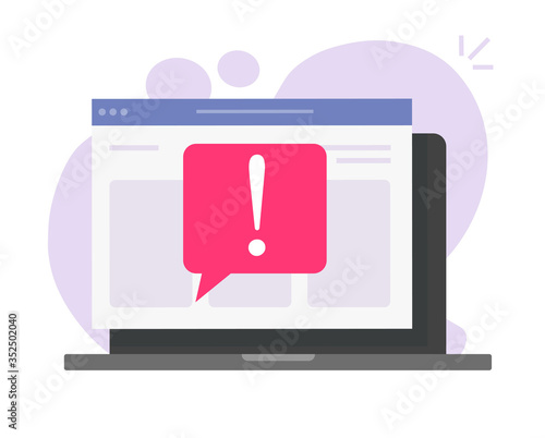 Online scam caution message notice on computer laptop website or pc with internet web page fraud digital warming alert attack vector flat, insecure network data, cyber phishing risk notification