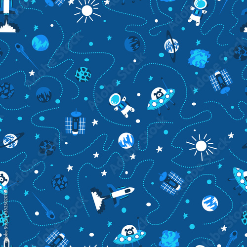 Seamless background with spaceships and stars  Space Pattern