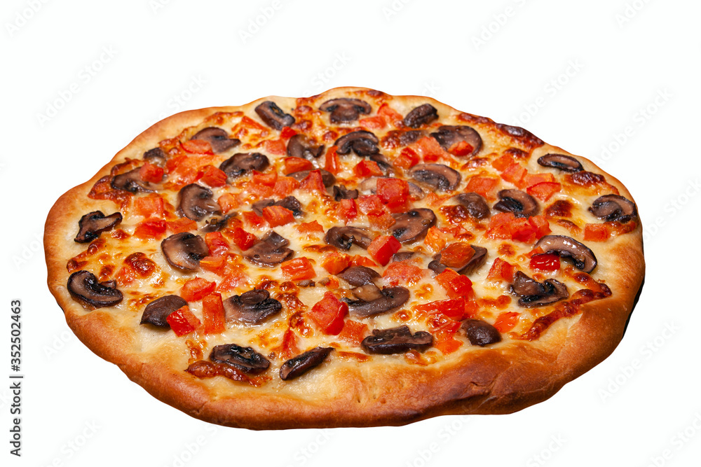 fresh homemade Italian pizza with mushrooms, pepper and tomatoes on white background