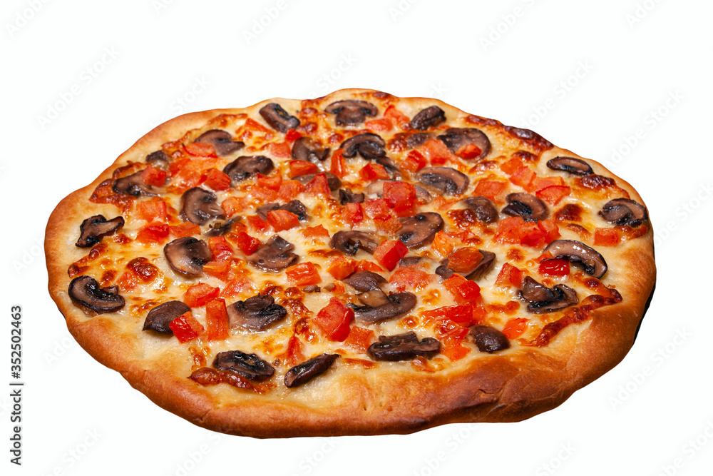 fresh homemade Italian pizza with mushrooms, pepper and tomatoes on white background fresh homemade Italian pizza with mushrooms, pepper and tomatoes on white background