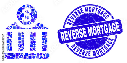 Geometric dollar bank mosaic pictogram and Reverse Mortgage seal stamp. Blue vector round scratched seal with Reverse Mortgage text. Abstract mosaic of dollar bank designed of spheric, triangles,