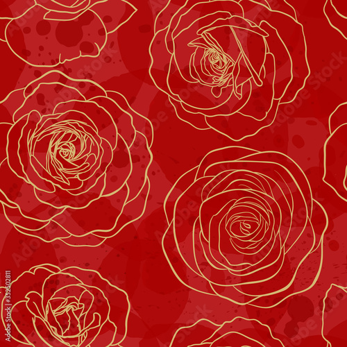 Seamless pattern watercolor red textured with golden outline roses. Hand drawn contour lines. design greeting card and invitation of the wedding  birthday  Valentine s Day  mother s day  holiday