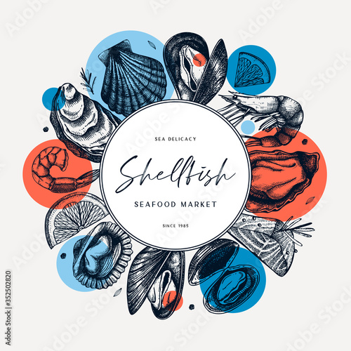 Seafood trendy collage design. Shellfish frame with abstract elements. Mollusks, shrimps, fish sketches. Perfect for recipe, menu, label, delivery, packaging. Vintage mussels and oysters background. 