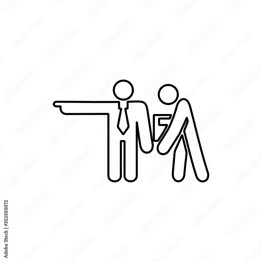 Obraz premium Illustration of employee kicked out of company. Boss firing worker sign. Layoff symbol for modern business concept and web, mobile design.