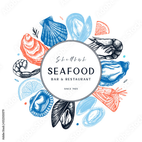 Vector frame with hand-drawn seafood illustration. With fresh fish, oysters, mussels, shrimps, and spice sketches. 