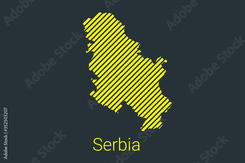 Map of Serbia, striped map in a black strip on a yellow background for coronavirus infographics and quarantine area markers and restrictions. vector