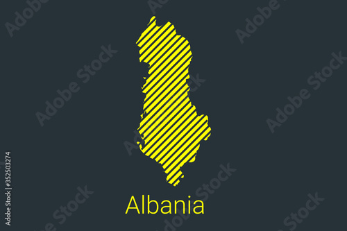 Map of Albania, striped map in a black strip on a yellow background for coronavirus infographics and quarantine area markers and restrictions. vector