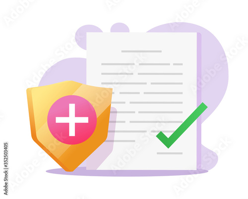 Health medical insurance vector paper document form or healthcare risk protection claim with approved checkmark flat cartoon illustration, concept of life insured policy coverage list modern image