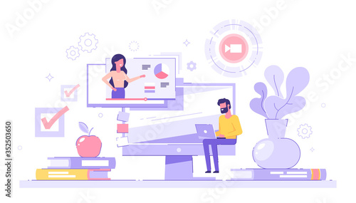 Man student studying at home with his laptop with piles of books and pc on the background. E-learning, webinar, online video training, distance education concept. Modern vector illustration.