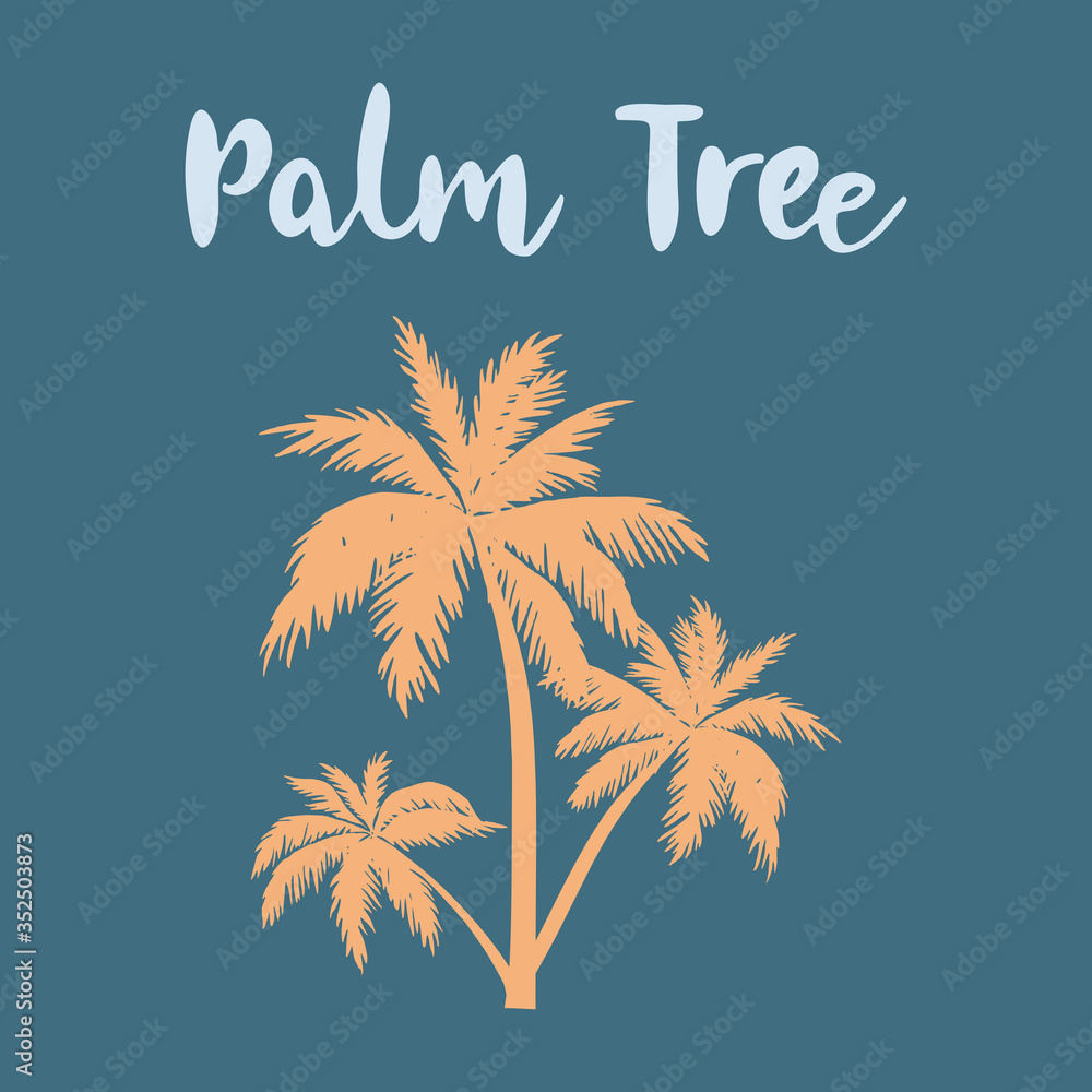 Palm tree silhouette with the inscription on a colored background. Element for your design. Vector illustration.