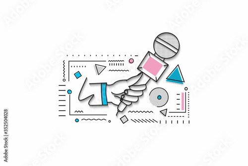 Live news template with microphone. Journalism concept, Line art vector illustration.