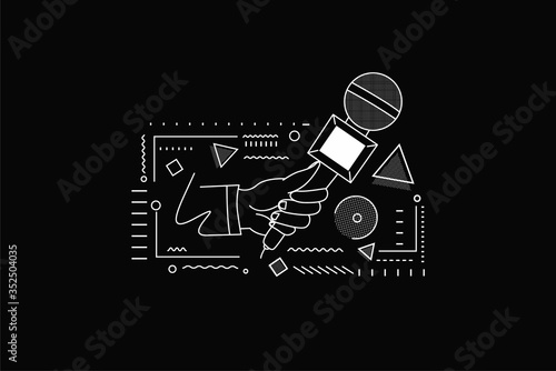 Live news template with microphone. Journalism concept, Line art vector illustration.