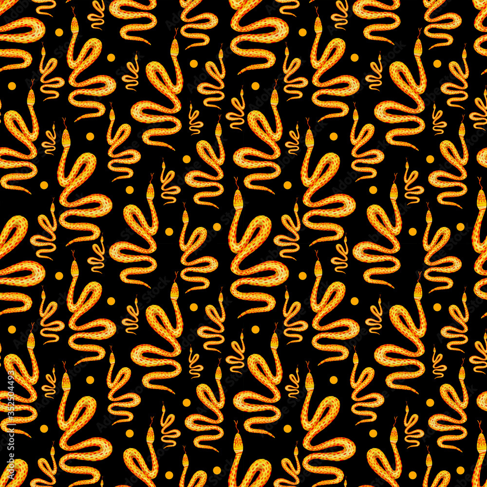 Exotic pattern seamless with orange snakes and graphic elements on dark background. Hand drawn illustration Exotic pattern seamless with orange snakes and graphic elements on dark background. Hand drawn illustration