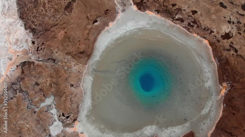 aerial sot of a  big active geyser in Iceland  explotion 