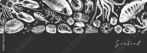 Vector banner with hand drawn Seafood illustrations on a chalkboard. Fresh fish, lobster, crab, oyster, mussel, caviar, sushi, shrimps sketches. Vintage food sketches set. 