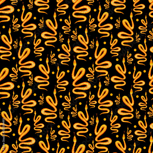 Exotic pattern seamless with orange snakes and graphic elements on dark background. Hand drawn illustration