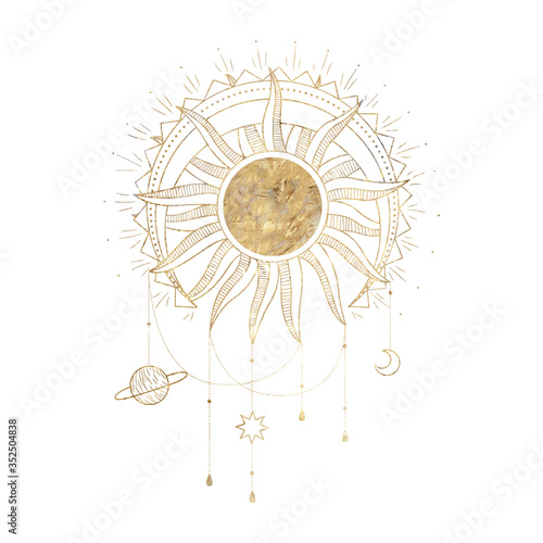 chic golden luxurious retro vintage engraving style. image of the sun and moon phases. culture of occultism. Vector graphics