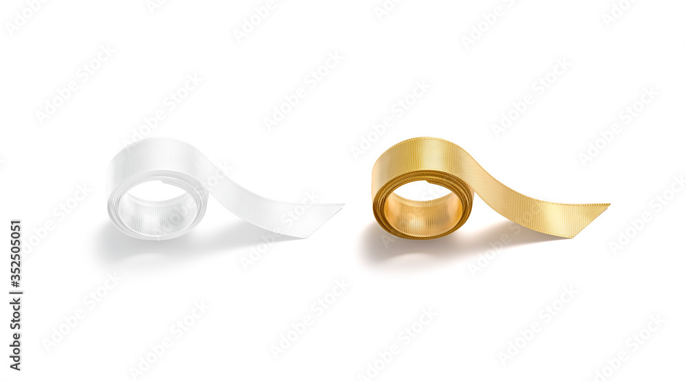Blank white and gold rolled silk ribbon mockup, front view